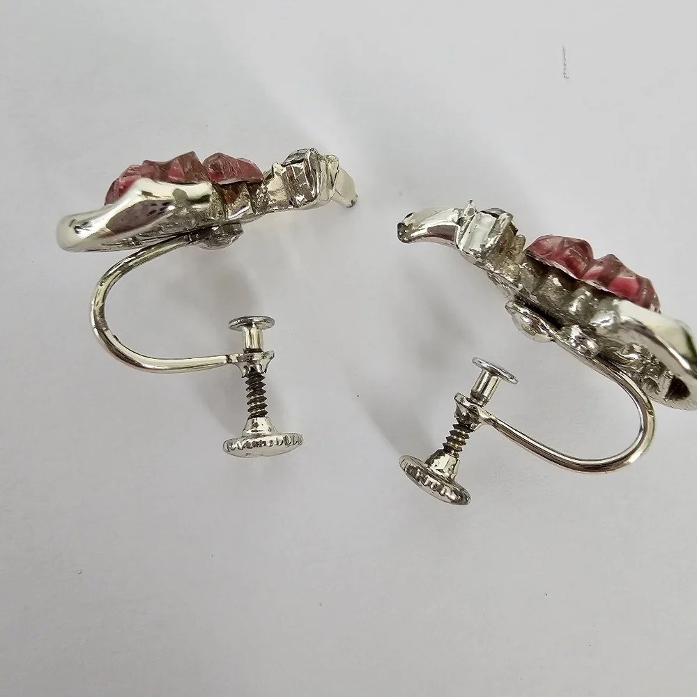 Vintage Signed Coro Pink Sugar Flower Screw-Back Earrings - 1940s/50s